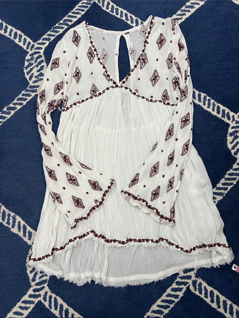Free People S White Embroidered Peasant Top with Brown Diamond Print